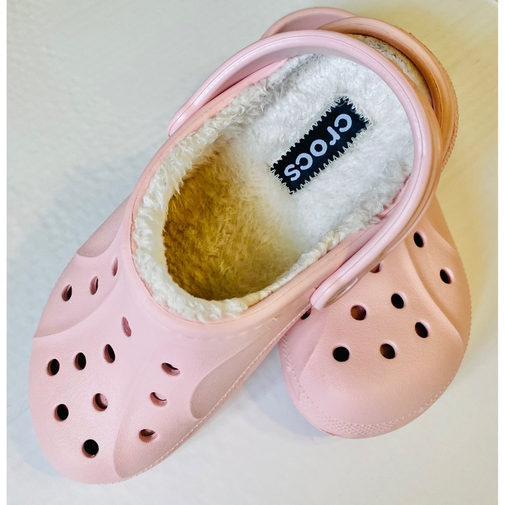 Crocs Classic Lined Clogs Pink White Fuzzy Furry Comfort Shoes Mens 6 Womens 8